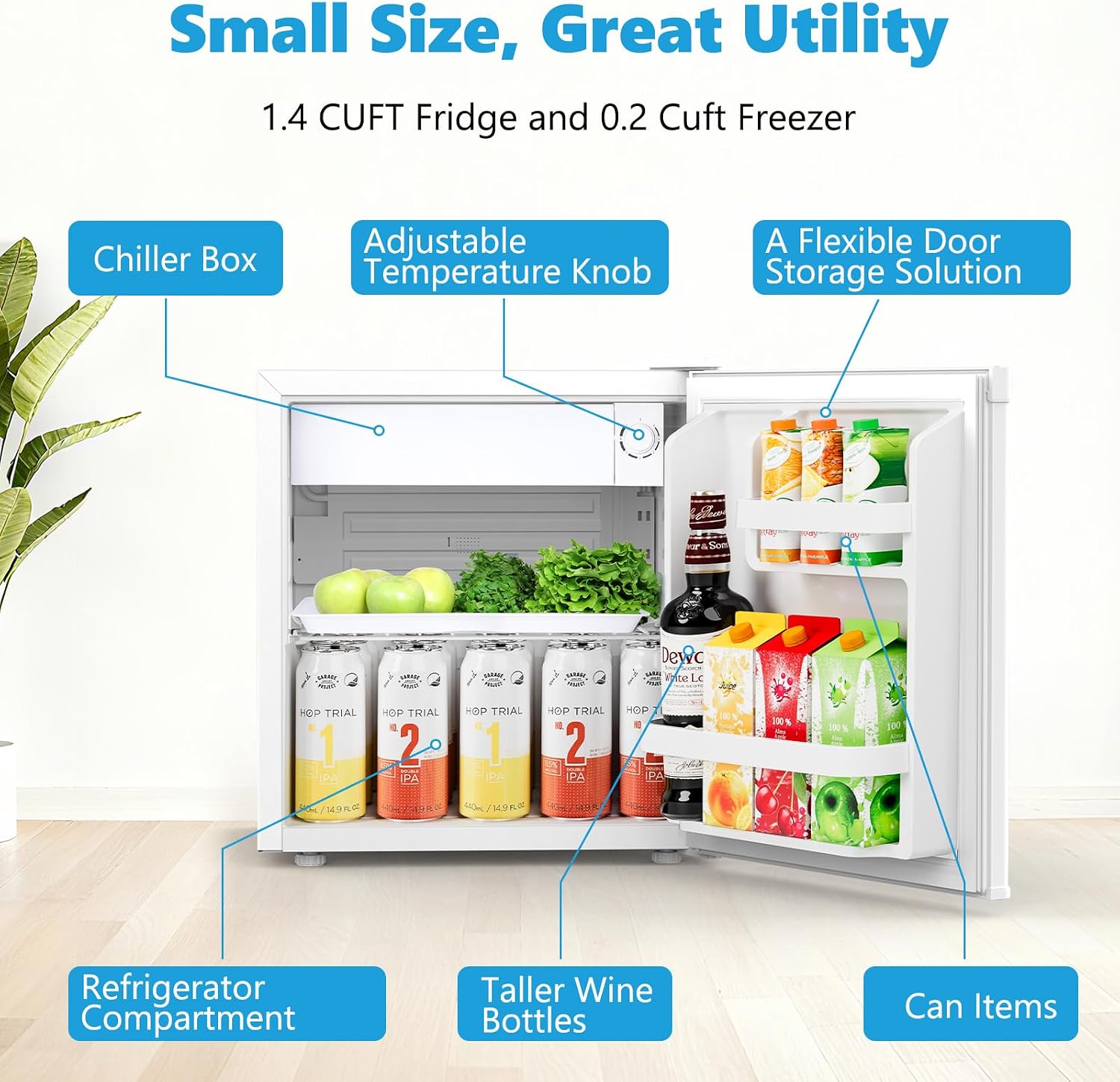 COWSAR 1.6 Cu.ft Mini Fridge with Freezer, Small Refrigerator for Dorm, Office, RV, Bedroom, Adjustable Thermostat, Low Noise, Energy-efficient, Reversible Door (White, 1.6 CU.FT)