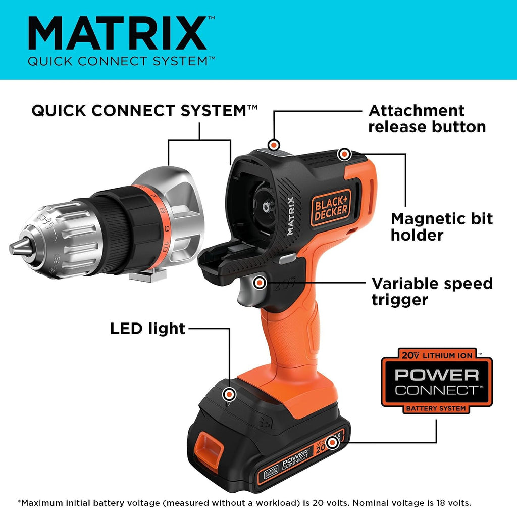 BLACK+DECKER MATRIX 20V MAX Power Tool Combo Kit, Cordless Power Tool Set with Battery and Charger Included, 7 Piece (BDCDMT1207KITC1