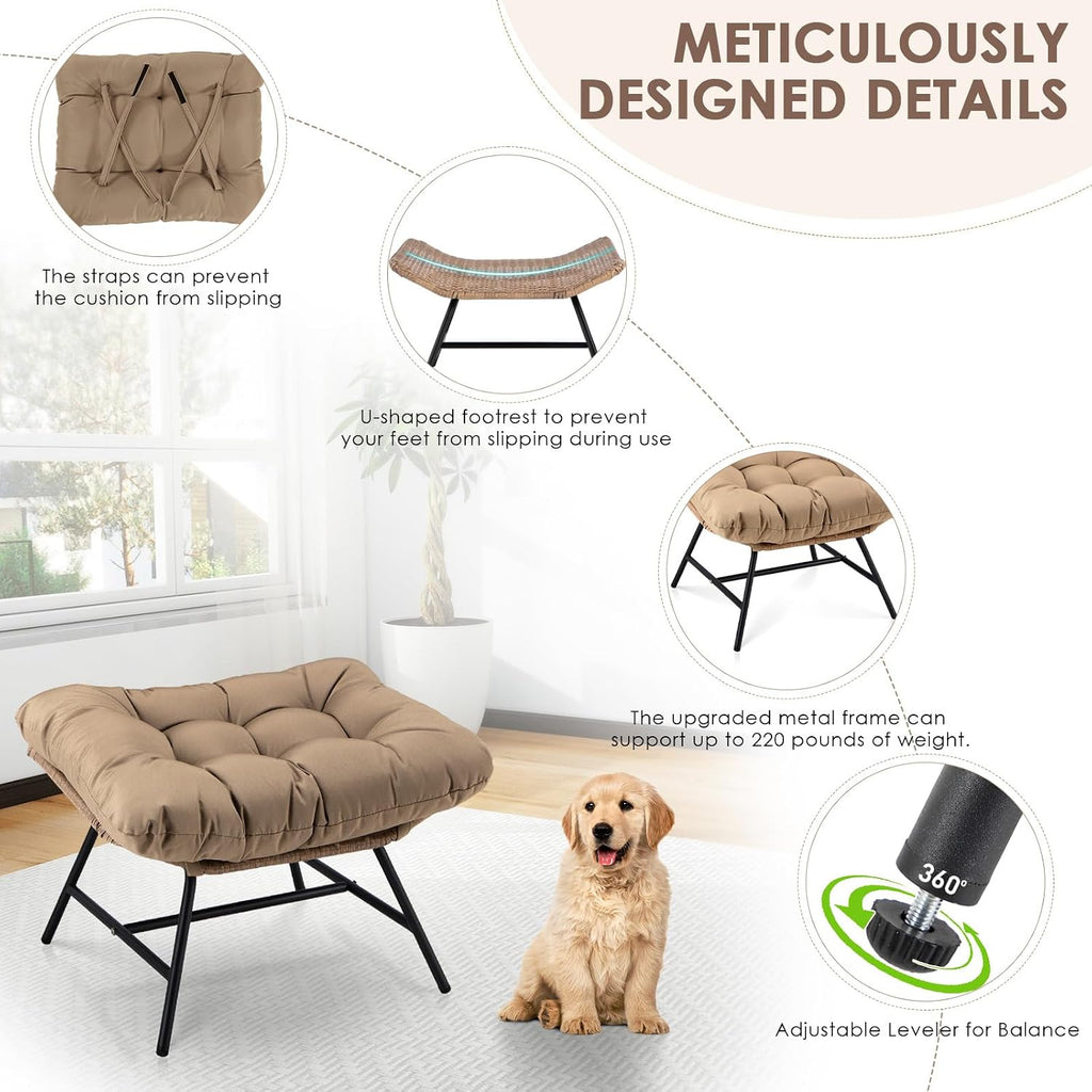 RADIATA Double Papasan Chair Outdoor with Cushion & Ottoman, 2 Person Oversized Rocking Lounge Chairs for Reading, PE Wicker, 700 lbs Heavy Duty, Comfy Loveseat Recliner for Patio Backyard Lawn Brown