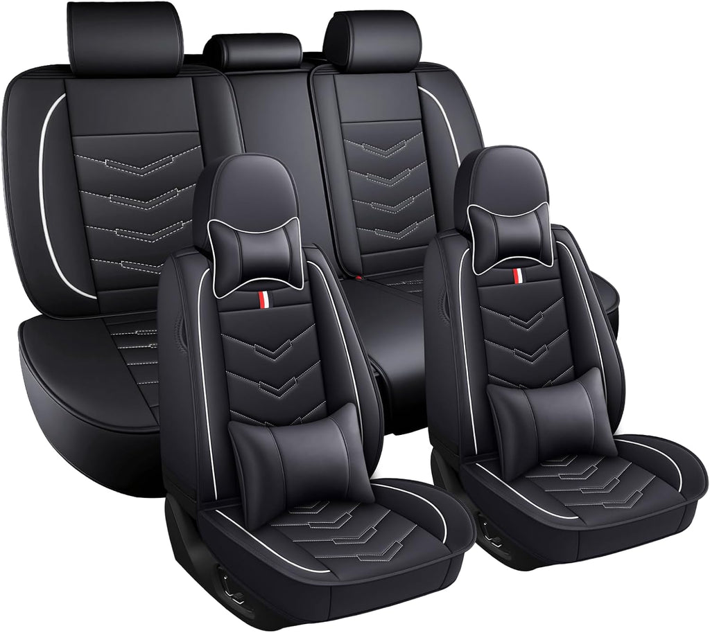 Car Seat Covers Fit for Buick Enclave 2008-2025, Leather Seat Covers for Car, Waterproof Non-Slip Durable Car Seat Protector(5 Seats with Pillow,Black White)