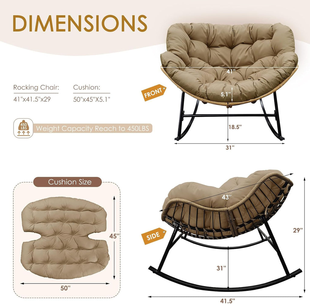 NICESOUL 2-Piece Outdoor Patio Papasan Rocking Chair, Cozy Oversized Wicker Gliding Lounge Chairs for Balcony, Patio or Porch, Wide & Large Double Royal Rocker with Comfy Padded Cushion, Brown/Tan