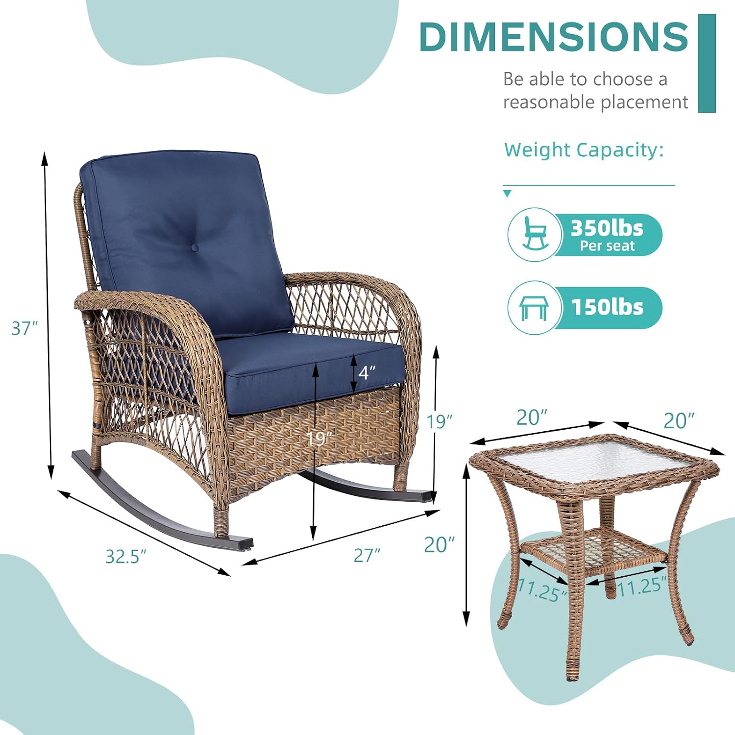 MEETWARM 3 Pieces Outdoor Wicker Rocking Chair Set, Rattan Patio Rocker Chairs Set with Cushions and Glass-Top Coffee Table, Conversation Bistro Set for Porch & Backyard - Navy Blue