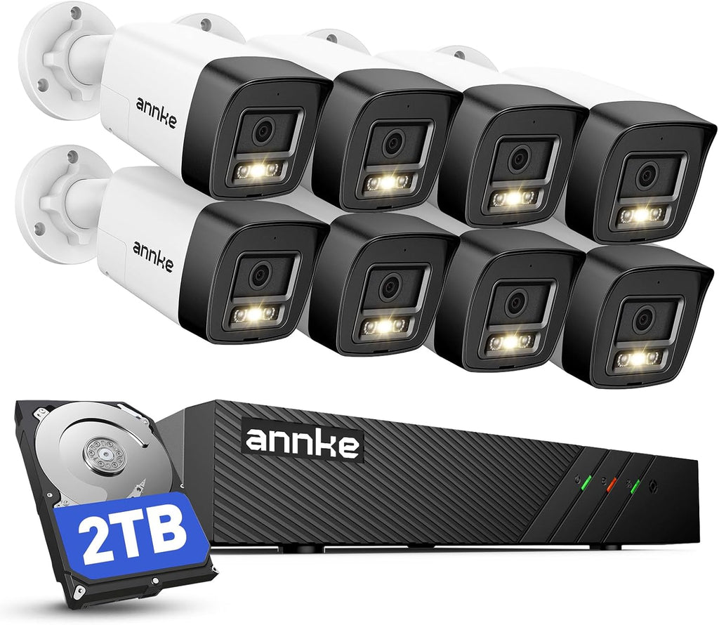 ANNKE H500 3K 5MP Poe Security Camera System, 8CH H.265+ NVR with 2TB HDD, 8pcs Wired Outdoor Bullet IP Camera with Red & Blue Light and Audio Alarm, Human/Vehicle Detection, Two-Way Audio, IP67
