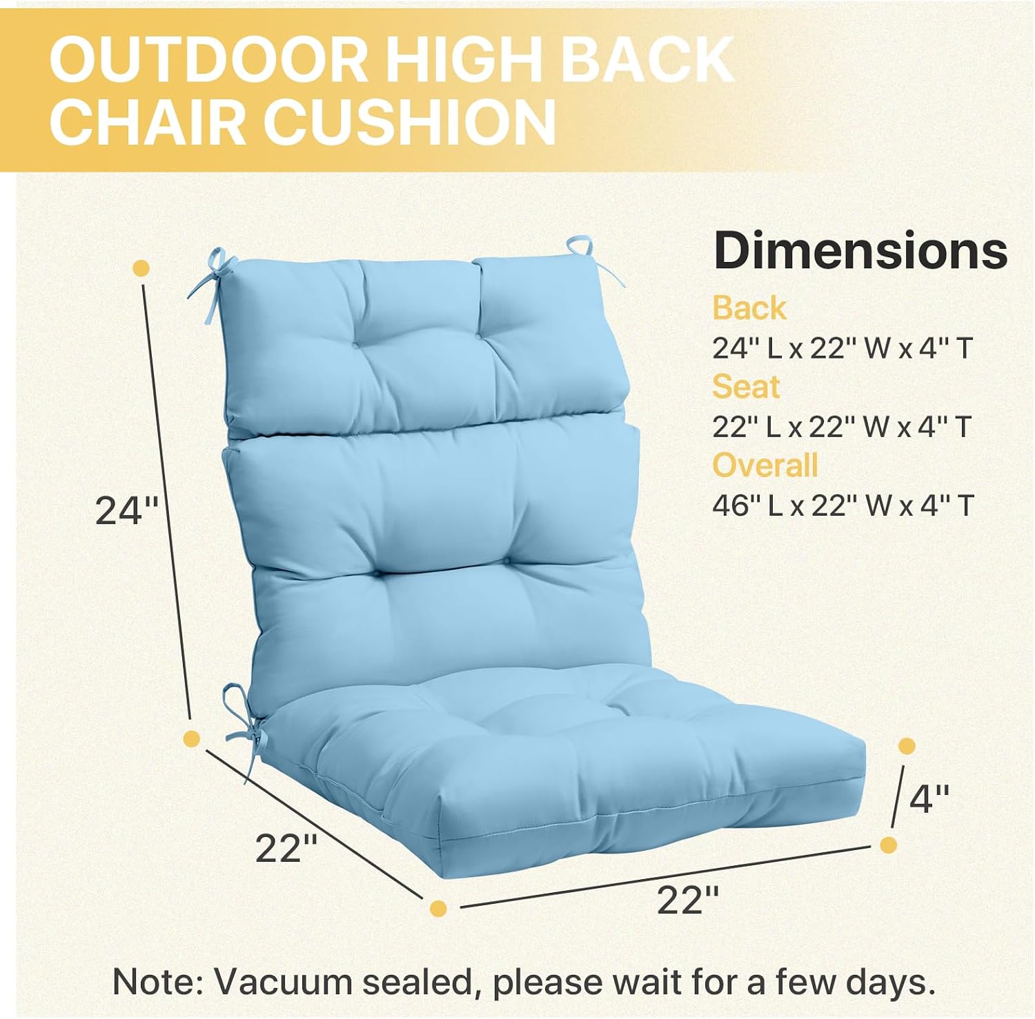 COOS BAY Outdoor Chair Cushions High Back 46x22 Inch, Tufted Patio Seat Cushions with Ties, Water-Resistant Replacement Pads, 4 Pack, Aqua Blue
