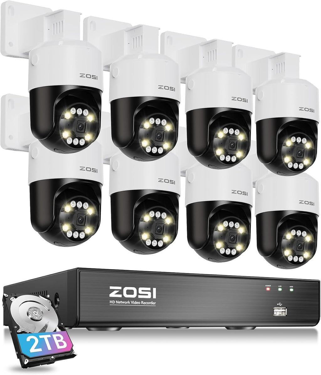 ZOSI 8CH (16CH Expandable) 4K PoE Security Camera System with AI Face Person Vehicle Detection, 8 x 5MP 3K Outdoor Auto Tracking PT PoE IP Camera with Floodlights, 5X Digital Zoom, 8CH NVR, 2TB HDD