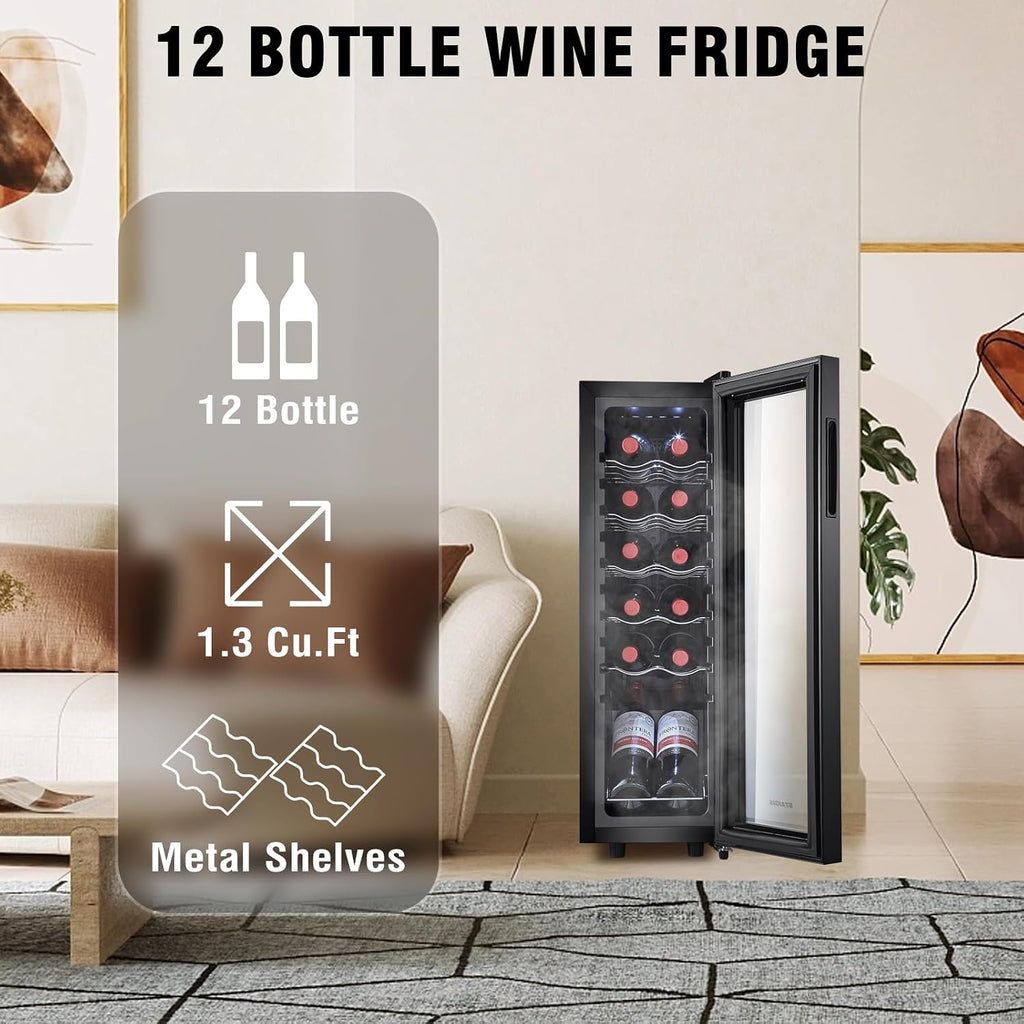 12 Bottle Wine Cooler, Mini Fridge for Red and White, Small Freestanding Refrigerator with 40-66F Digital Temperature Control Glass Door