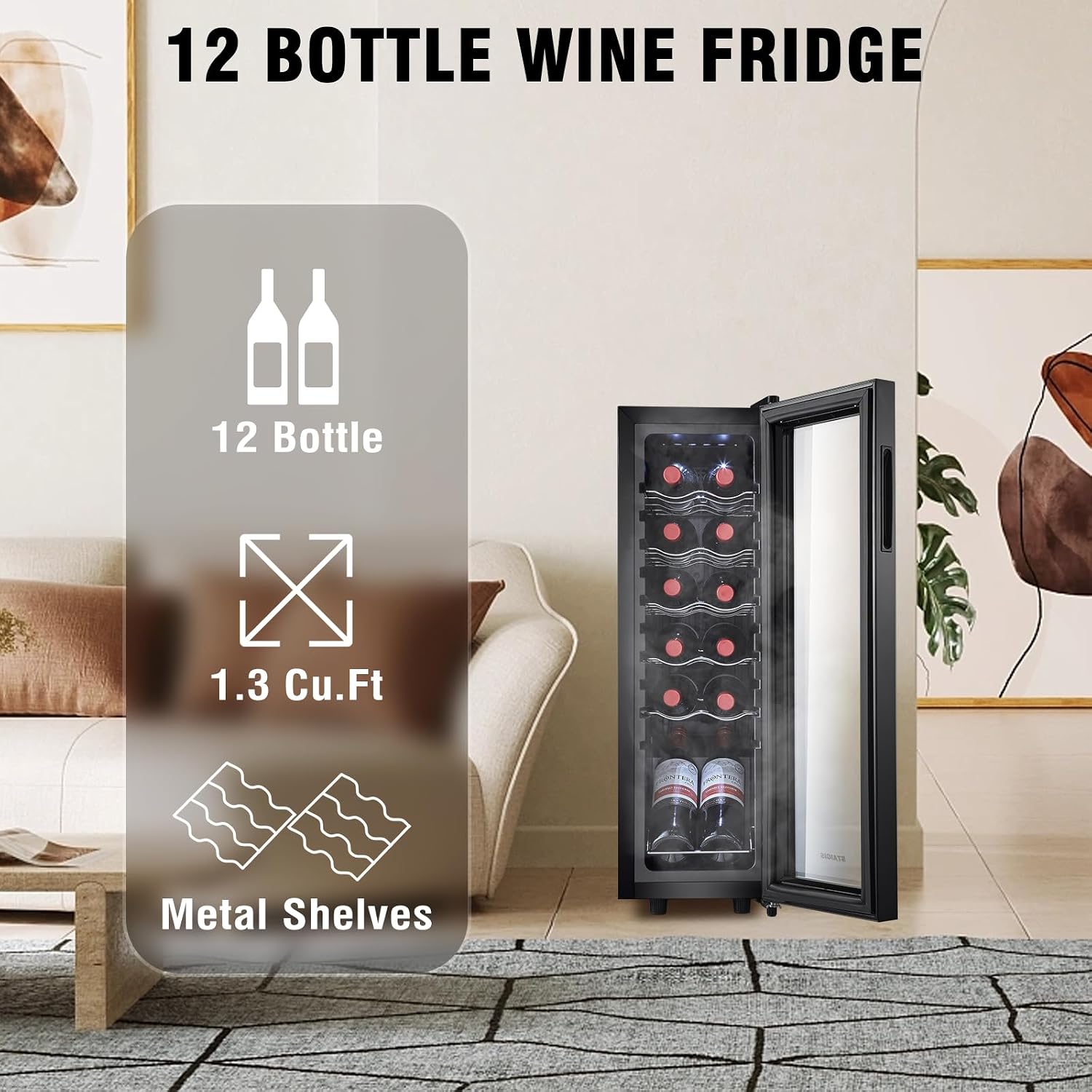 12 Bottle Wine Cooler, Mini Fridge for Red and White, Small Freestanding Refrigerator with 40-66F Digital Temperature Control Glass Door