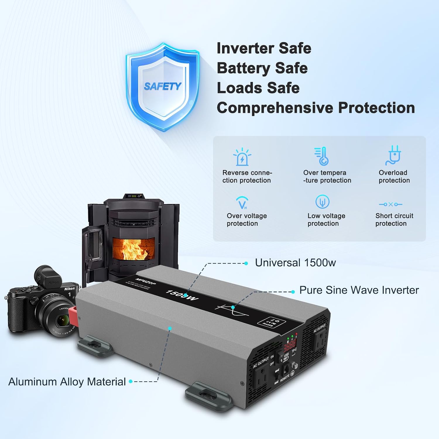 Pure Sine Wave Inverter 1500W Power 12V DC to 110V 120V AC Converter 3000W Peak Power Inverter with Dual AC Outlets USB Port Type-C Remote Control LCD Display for Truck RV Vehicles Solar