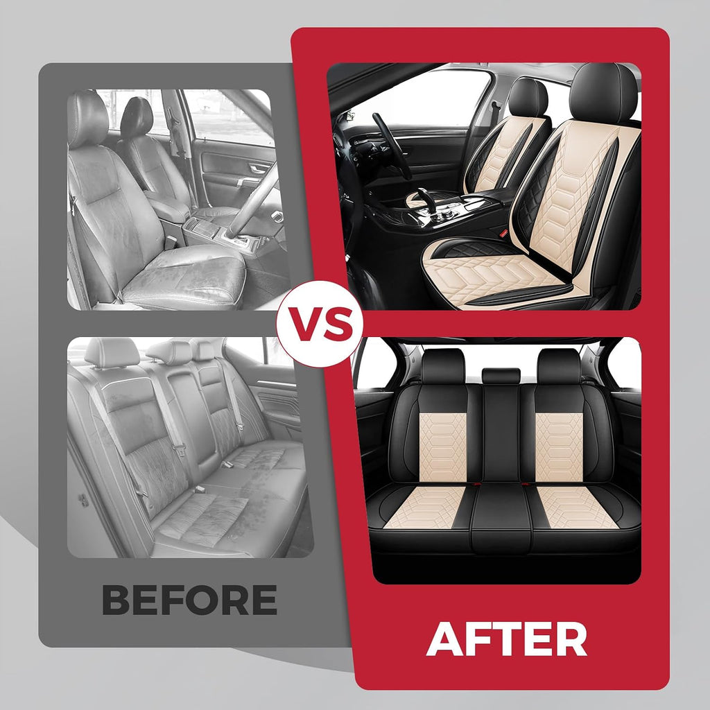 FREESOO Car Seat Covers Leather Seat Cover Full Set Automotive Seat Cover Protector Accessories Airbag Compatible Universal Fit for 5 Seats Black Beige