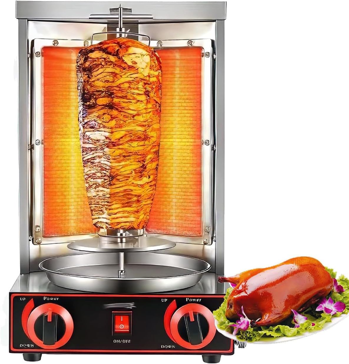Electric Vertical Broiler Doner, Gas Doner Kebab Gyro Grill Machine, Automatic Spinning Smokeless Barbecue Grill for Restaurant Home Kitchen 50-300℃ Adjustable,Silver-M