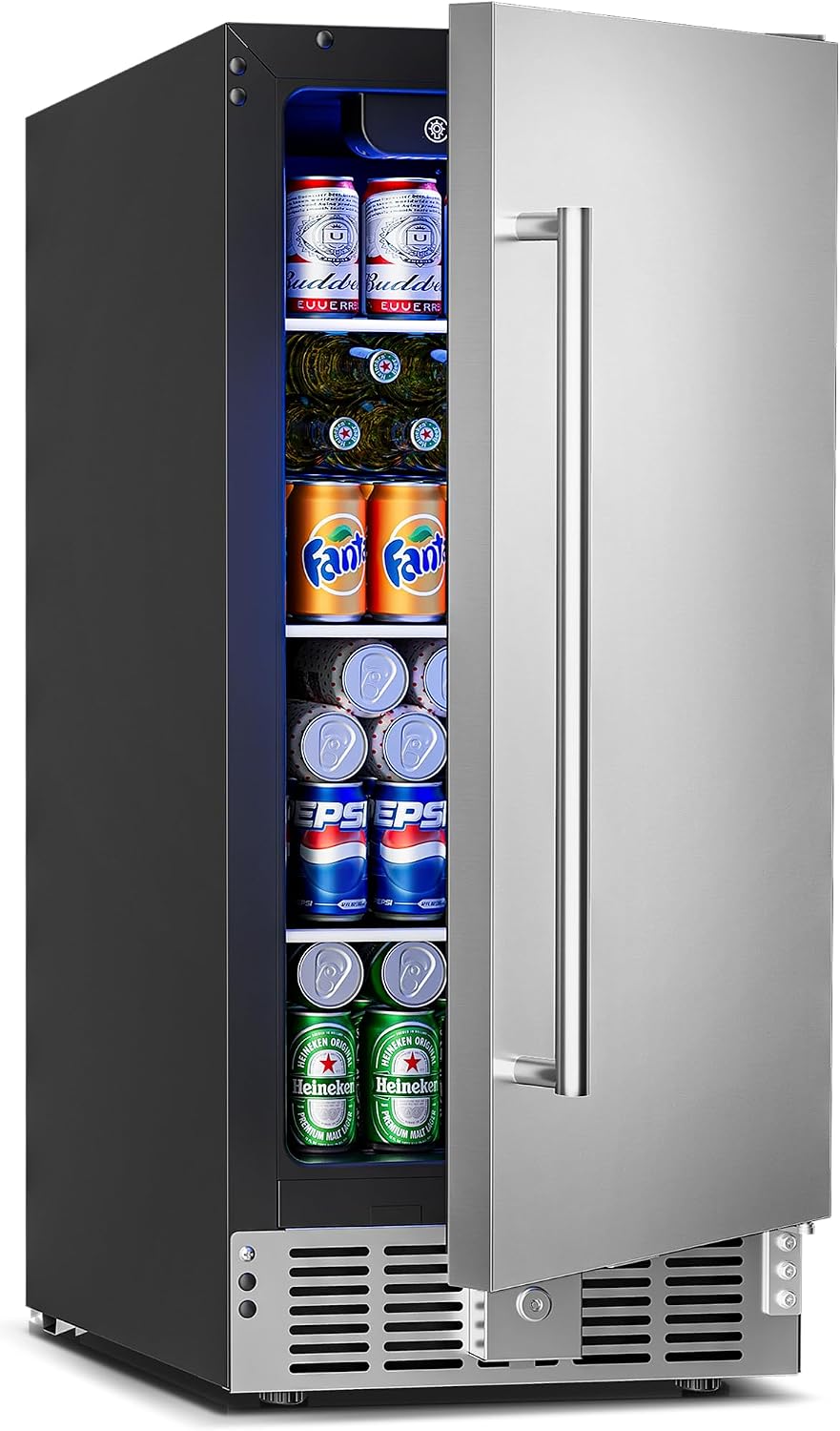 Feelfunn 15 Inch Undercounter Beverage Refrigerator - 126 Cans Beverage Fridge with Stainless Steel Door for Beer Wine Soda - Built-in or Freestanding Wine Cooler for Home Kitchen Bar
