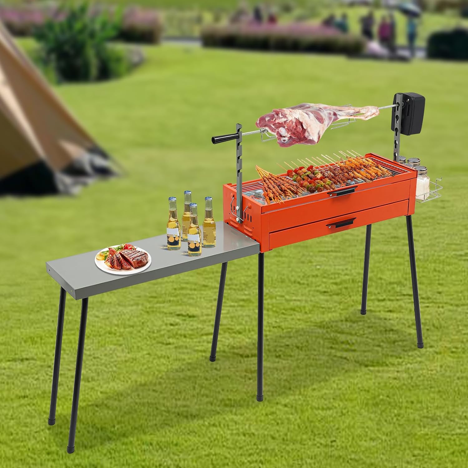 Portable Charcoal Grill Stainless Steel Barbecue Grill Camping Barbecue Grill with Detachable Table for Outdoor Cooking Camping Hiking Picnics(Orange, Silver, Black)