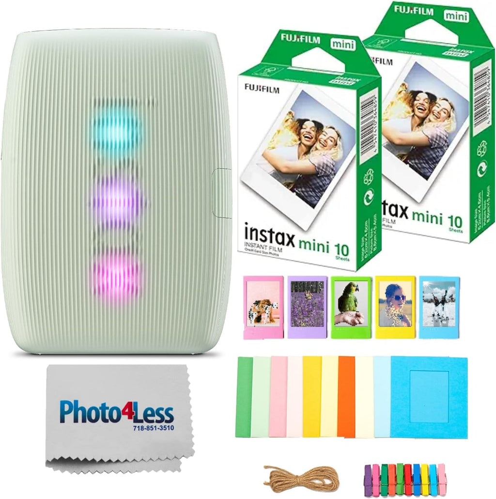 FUJIFILM Instax Mini Link 3 Smartphone Printer Bundle with Fujifilm Instant Mini Film (20 Sheets), Hanging Photo Frames, Table top Photo Frame for Mini Film (Sage Green)