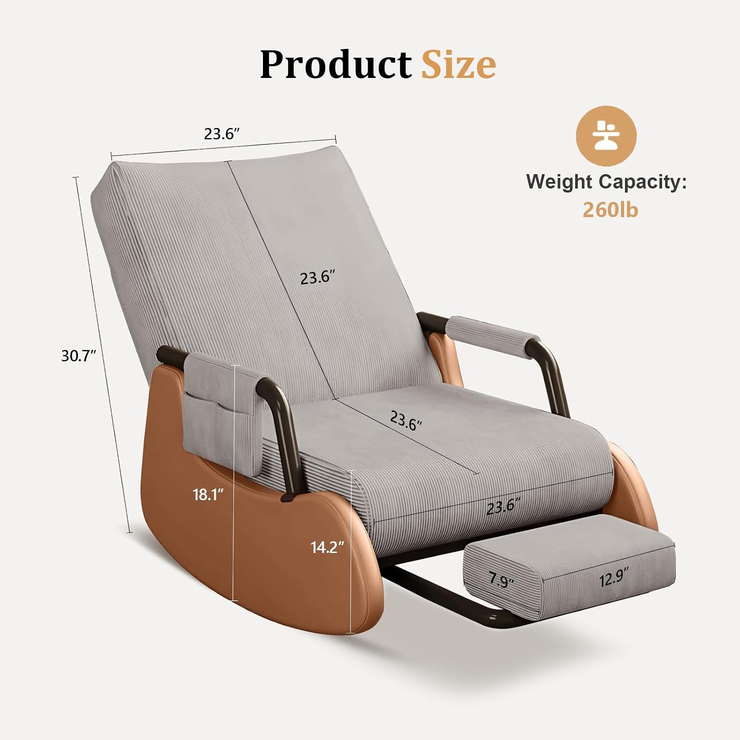 JPBSTO Rocking Chair Nursery, Upholstered Glider Rocking Chair with Side Pocket and Adjustable High Backrest, Foldable Rocker Recliner with Footrest Perfect for Living Room Bedroom, Grey
