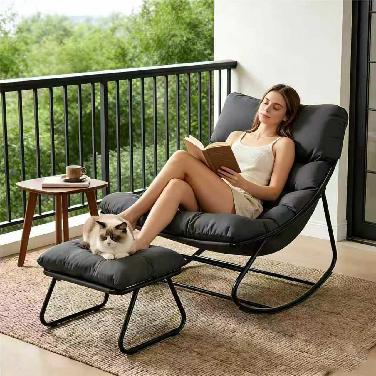 Outdoor and Indoor Rocking Chairs, Comfy Patio Chair, Rocking Chair with Ottoman and Sturdy Metal Frame, Balcony Chairs with Thickened Cushion, Silla Mecedora for Patio Porch Garden Living (Grey)