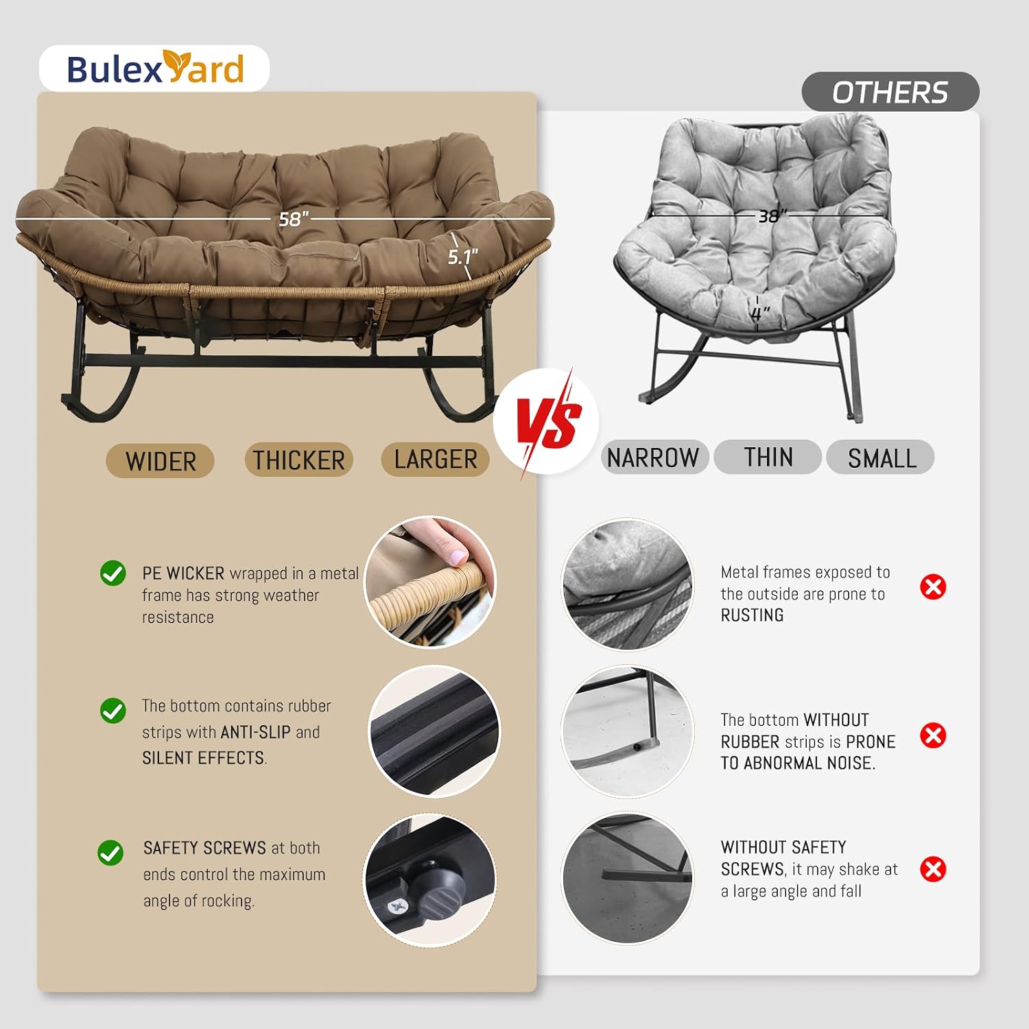 BULEXYARD Double Papasan Rocking Chair Outdoor, 2 Person Oversized Wicker Patio Egg Rocking Chair with Cushion, Heavy Duty Comfy Loveseat for Balcony, Porch, Garden (Brown, 2 Seats w/Ottoman)