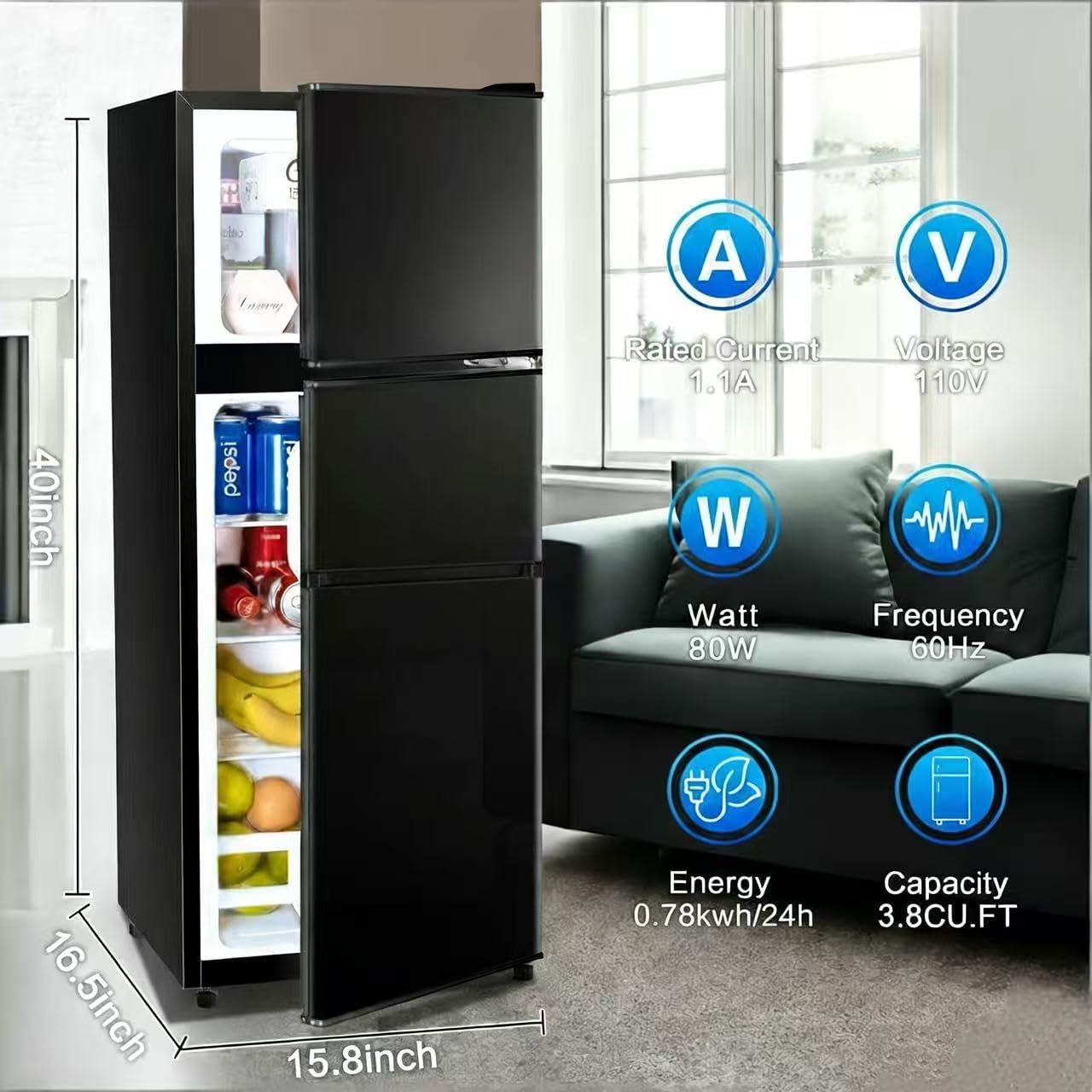Anukis Compact Refrigerator 4.0 Cu Ft 2 Door Mini Fridge with Freezer For Apartment, Dorm, Office, Family, Basement, Garage (Black, 3.8 Cu.Ft)