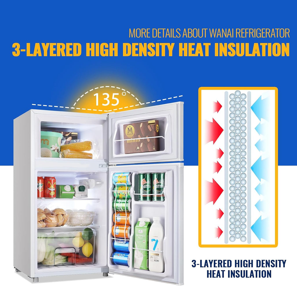 WANAI 3.5 Cu.Ft Mini Fridge With Freezer Freestanding Refrigerator with Freezer,7 Level Adjustable Thermostat Removable Shelves Small Refrigerator for Office Dorm Apartment White