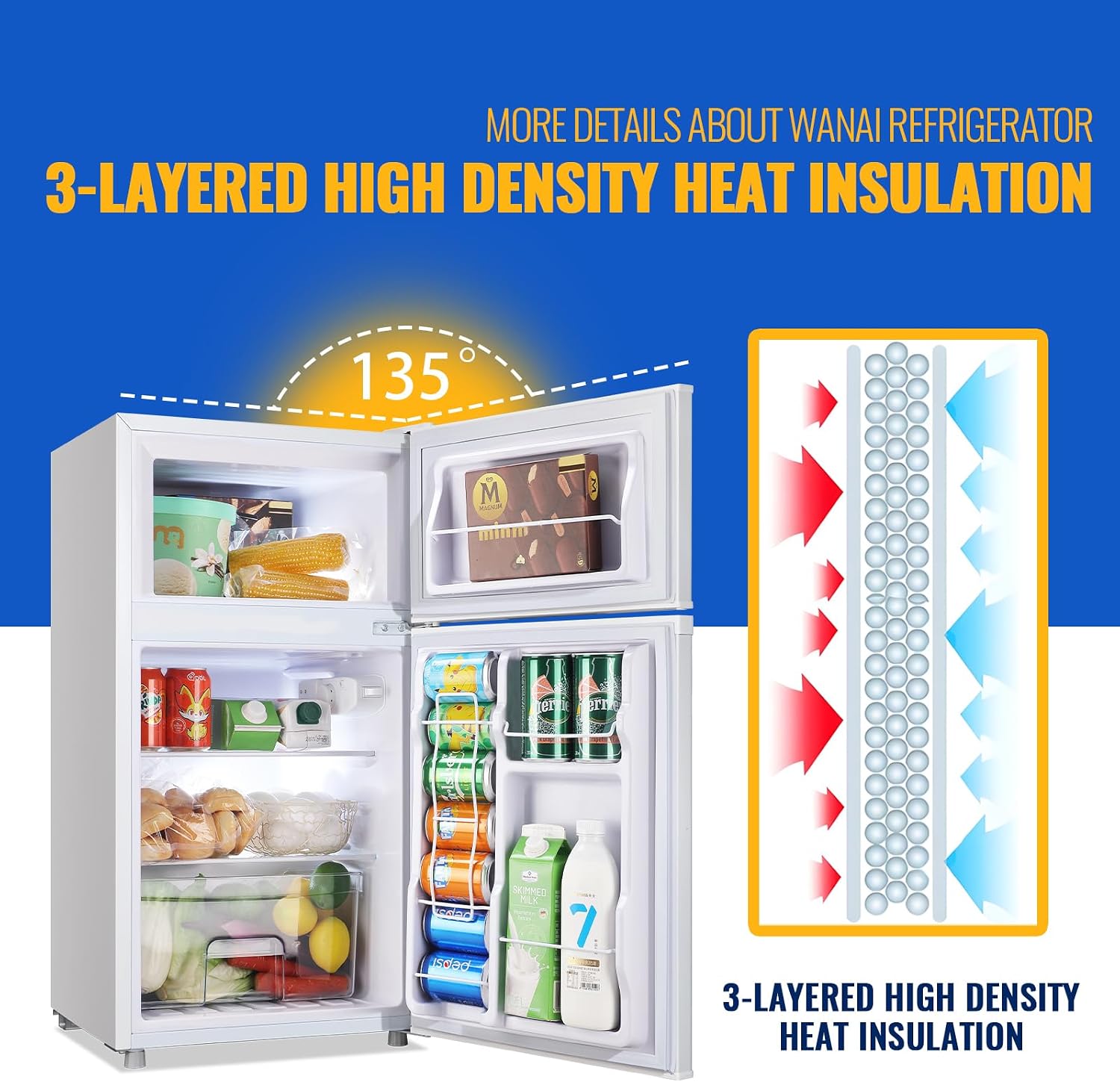 WANAI 3.5 Cu.Ft Mini Fridge With Freezer Freestanding Refrigerator with Freezer,7 Level Adjustable Thermostat Removable Shelves Small Refrigerator for Office Dorm Apartment White