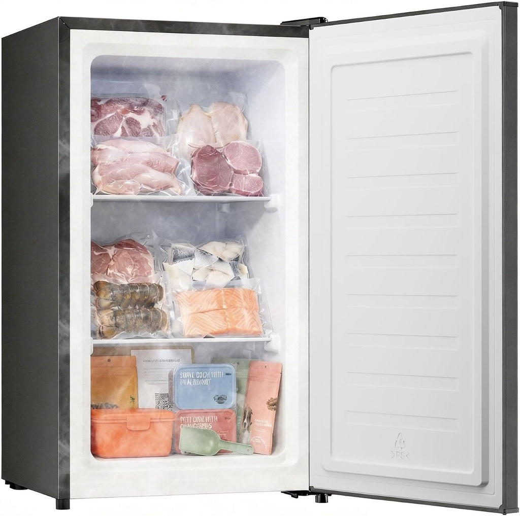 BANGSON 2.1 Cu.ft Upright Freezer, Compact Mini Freezer with Reversible Black Door, Adjustable Thermostat, Removable Shelves, Small Freezer for Dorm/Office/Apartment, Black