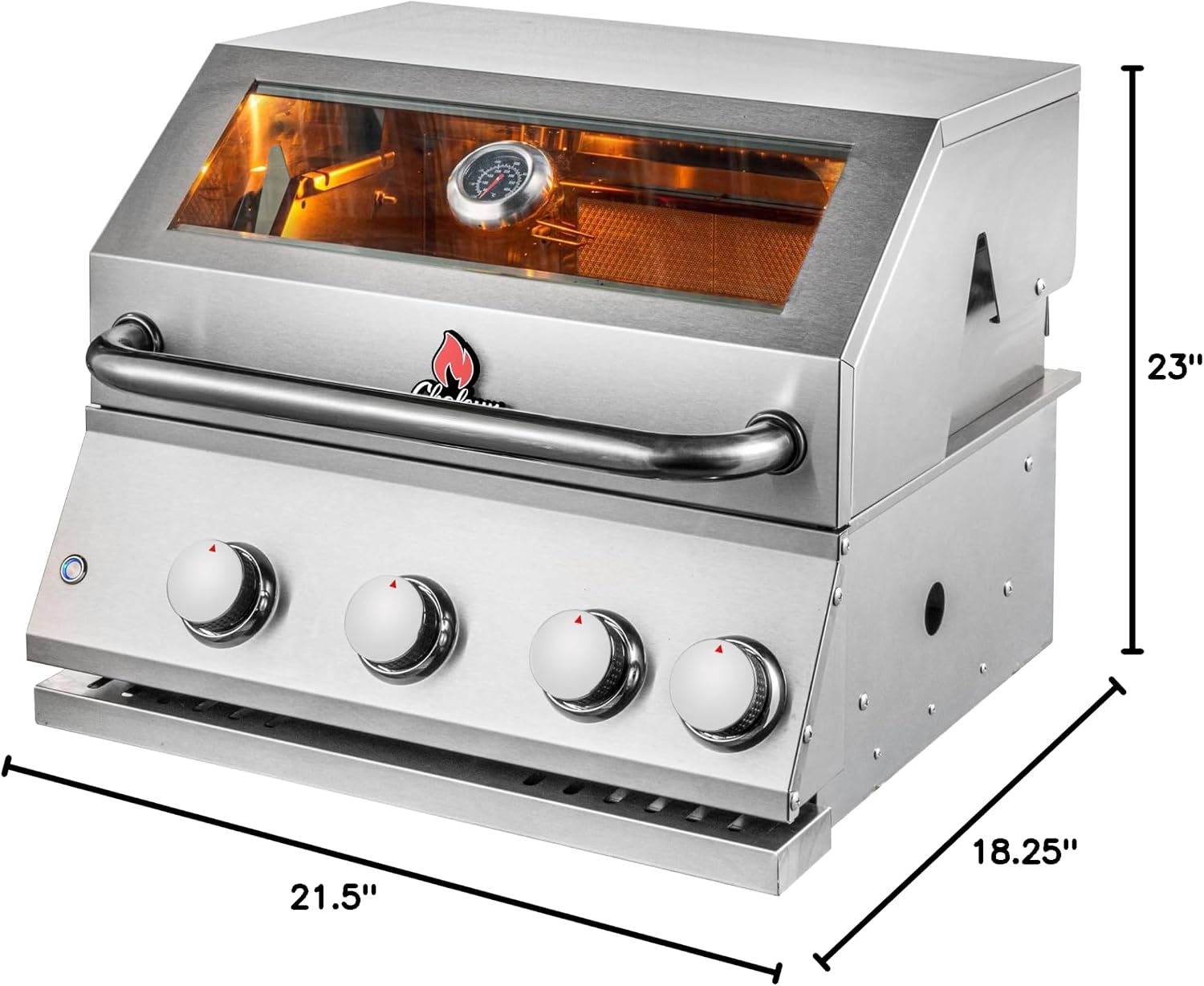 CHALEUR 23' VIEW 3 LINE GAS GRILL 3-BURNER + 1 REAR INFRARED - Built-In Stainless Steel Outdoor Kitchen Grill Head - Liquid Propane - Professional BBQ Insert with Glass Viewing Window