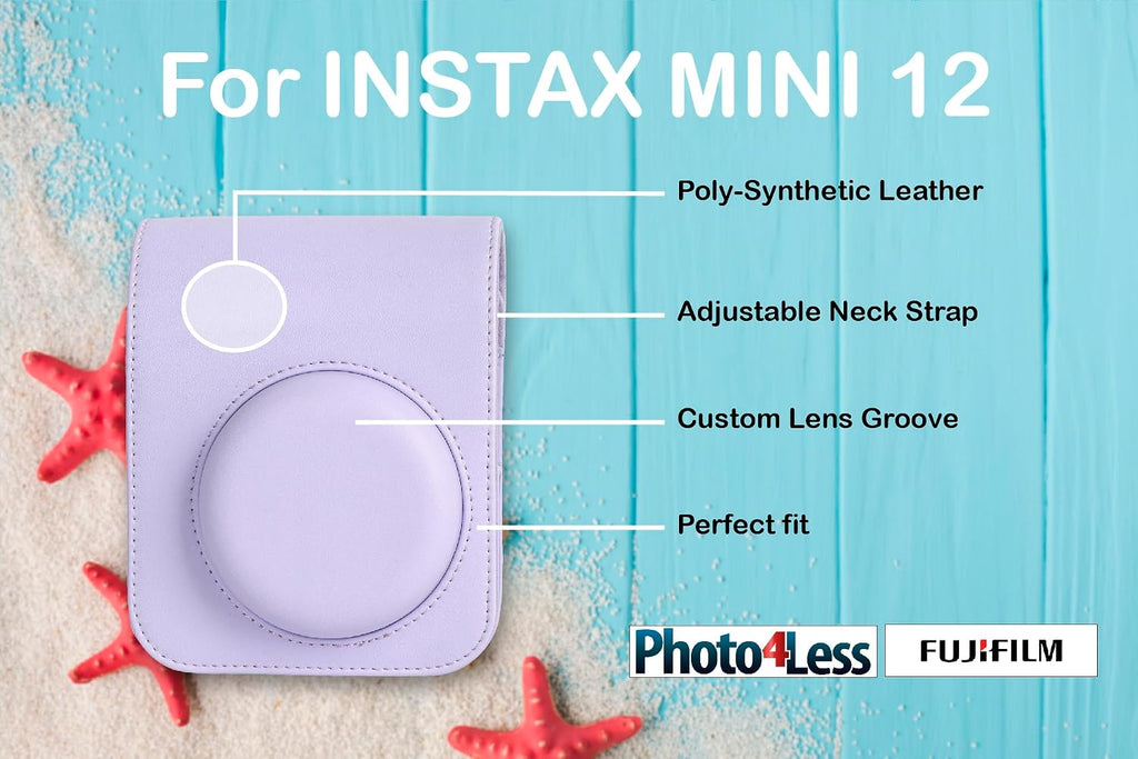 FUJIFILM INSTAX MINI 12 Instant Film Camera (Lilac Purple) Bundle with Fuji Instax Instant Film Single Pack, 10 Prints | Protective Case Purple | Photo Album Purple | Travel Stickers (6 Items)