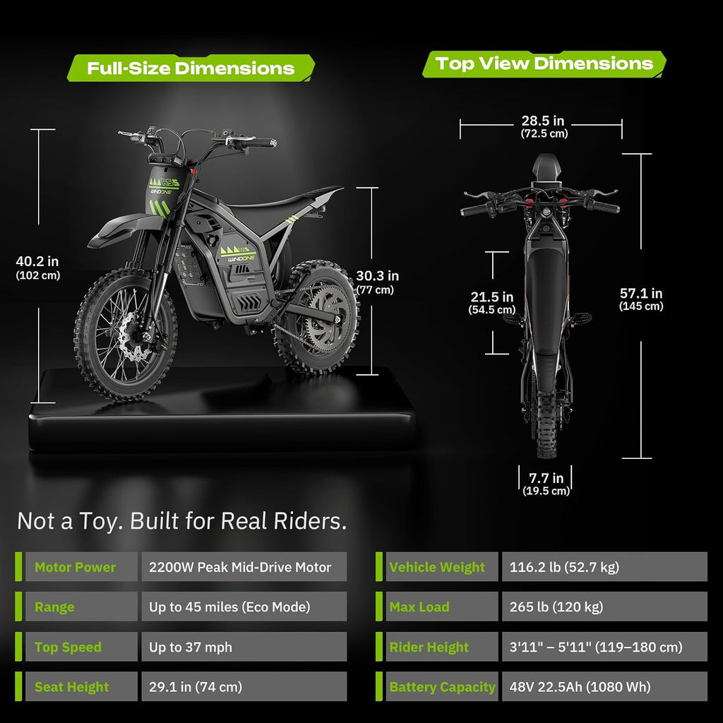 Windone RS5 Electric Dirt Bike for Teens & Adults (13+), Up to 37 MPH, 45 Miles Range, 2200W Peak Motor, 14'/12' Off-Road Tires, Hydraulic Suspension, 3-Speed Modes Electric Motorcycle