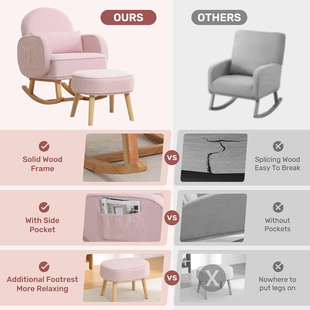 HCHAIRH Rocking Chair Nursery with Ottoman, Upholstered Glider Rocker with High Backrest and Side Pocket, Rocking Accent Armchair with Solid Wood Legs for Nursery/Living Room/Bedroom Pink