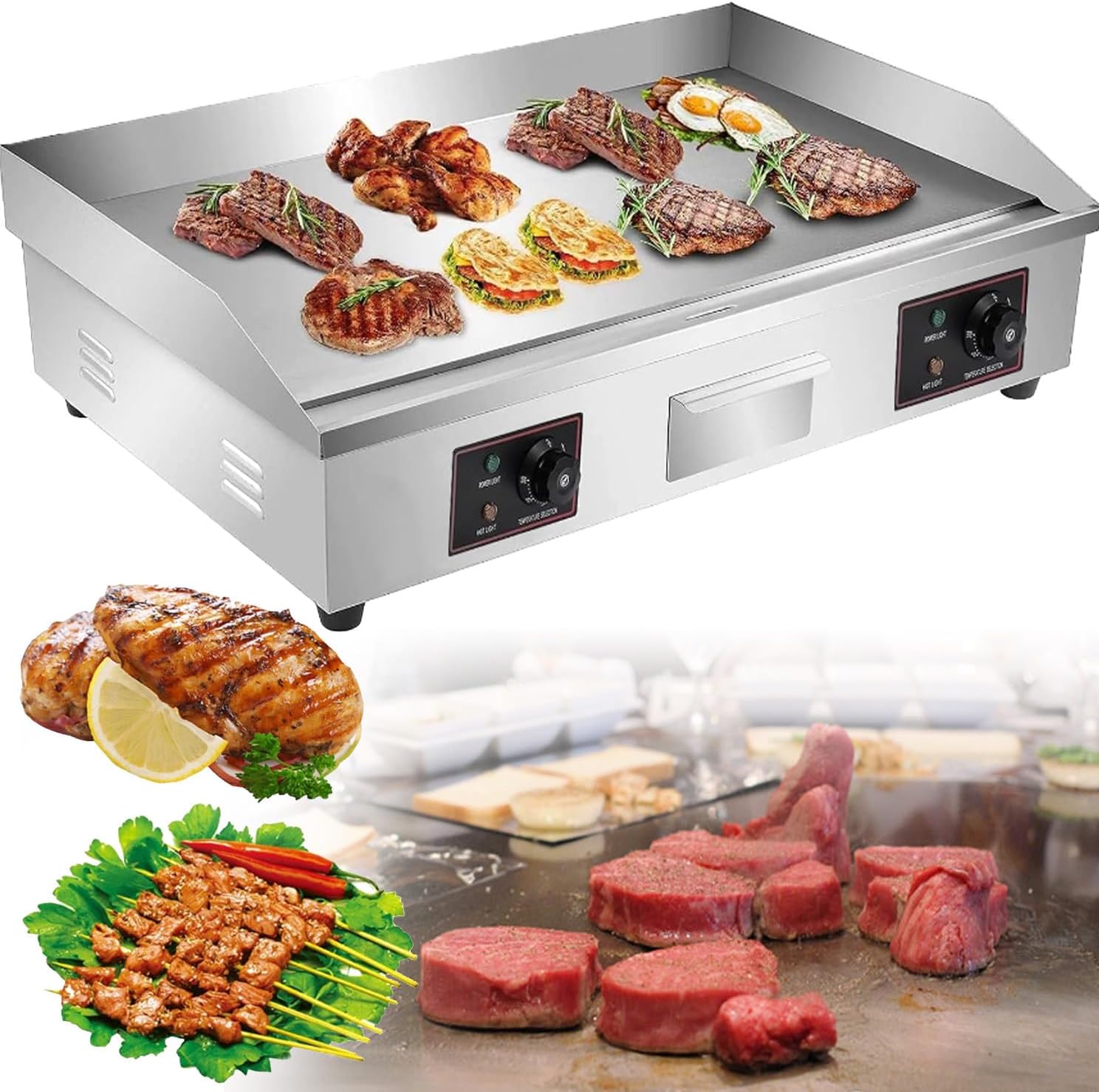 Stainless Steel Adjustable Countertop BBQ Grill, Commercial Electric Griddle with Double Temperature Control, Efficient Nonstick Surface for Home Barbecue