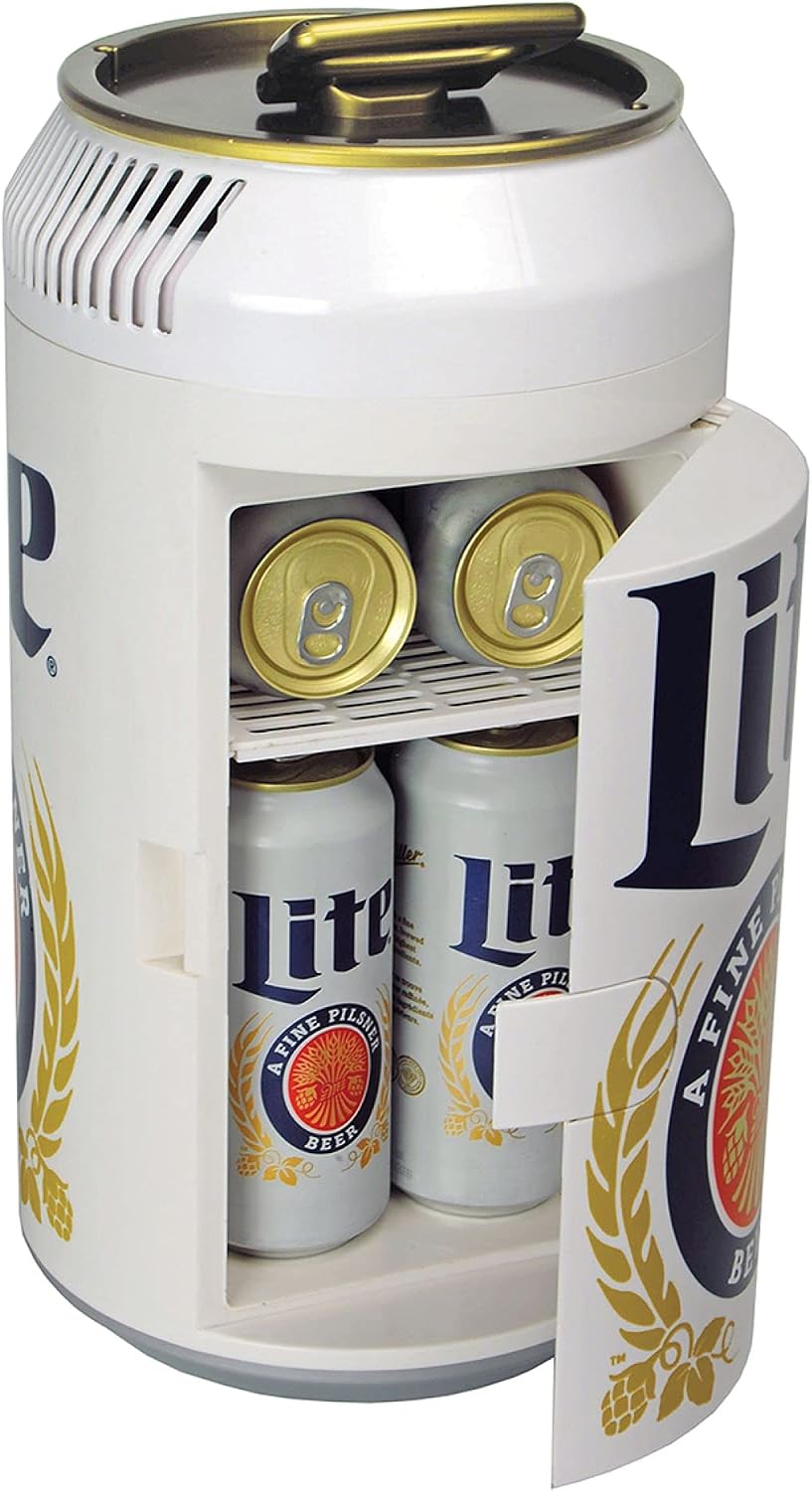 Miller Lite Mini Fridge - Refrigerator for Bedroom Office, Portable Table Top Beverage Cooler, 12V 110V Refrigerador For Drinks, Soda, Wines, Use In Car, Outdoor, Patio, 8 Can