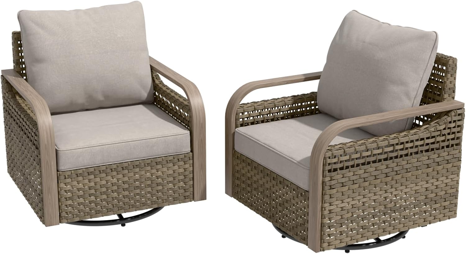 Modern Wicker Outdoor Swivel Rocking Chair, Rattan Glider Rocker with Streamlined Armrest, 2 Piece Patio Chairs for Backyard, Deck, Porch, Garden, Brown/Gray