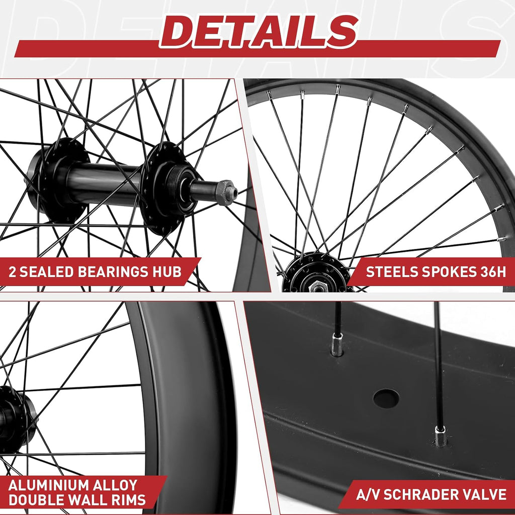 WEEROCK 20/26 x 4.0 Inch Bike Front Rear Wheelset, 4.0' Wide Aluminium Alloy Wheelset with Quick Release, Compatible with Disc Brake, Threaded Freewheel for 20'/26' Snow Bicycle, Fat Tire Bicycles