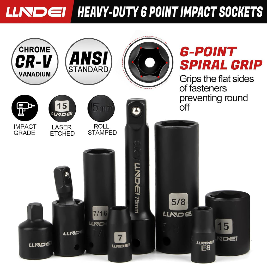 LLNDEI 1/4 & 3/8 Inch Drive Impact Socket Set, 186 Pieces Metric and Standard Full Sockets, CR-V Deep & Shallow Sockets Tool Set with Ratchet Wrench Handle, Spark Plug Socket, Bits for Mechanic