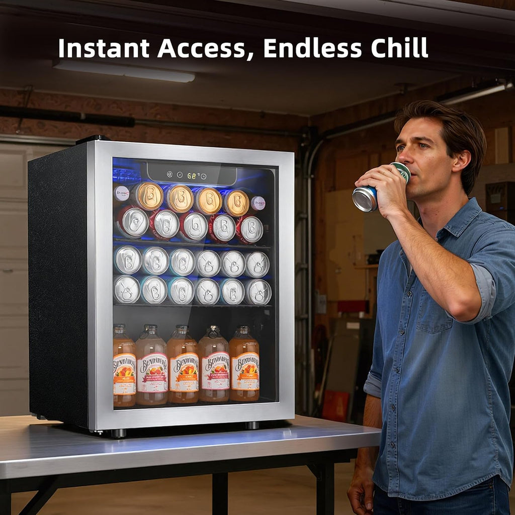 Antarctic Star 1.7 Cu.Ft Beverage Refrigerator 68 Can or 16 Bottle Capacity with Seamless Glass Door, Digital Control & Quiet Compressor, Freestanding Mini Fridge for Bar, Kitchen, Office - Silver
