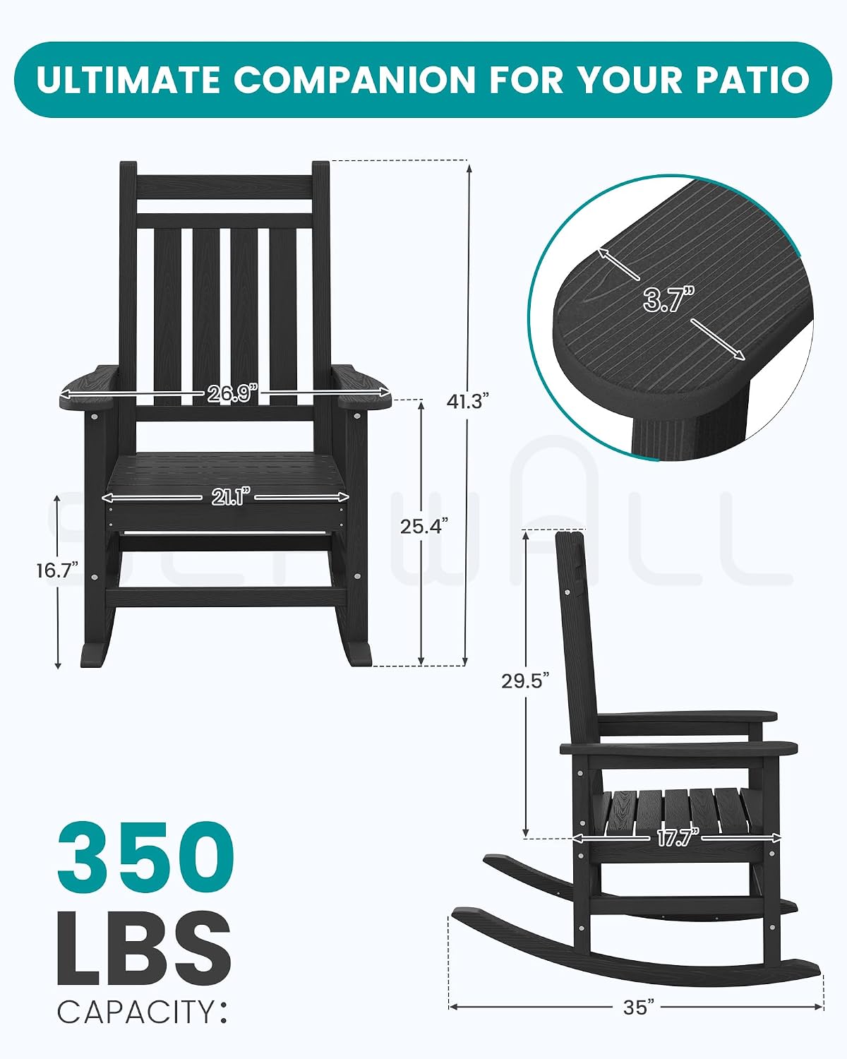 SERWALL HDPE Outdoor Rocking Chair Set of 8, Patio Rocking Chairs for Adults, All Weather Outdoor Rockers for Lawn, Black