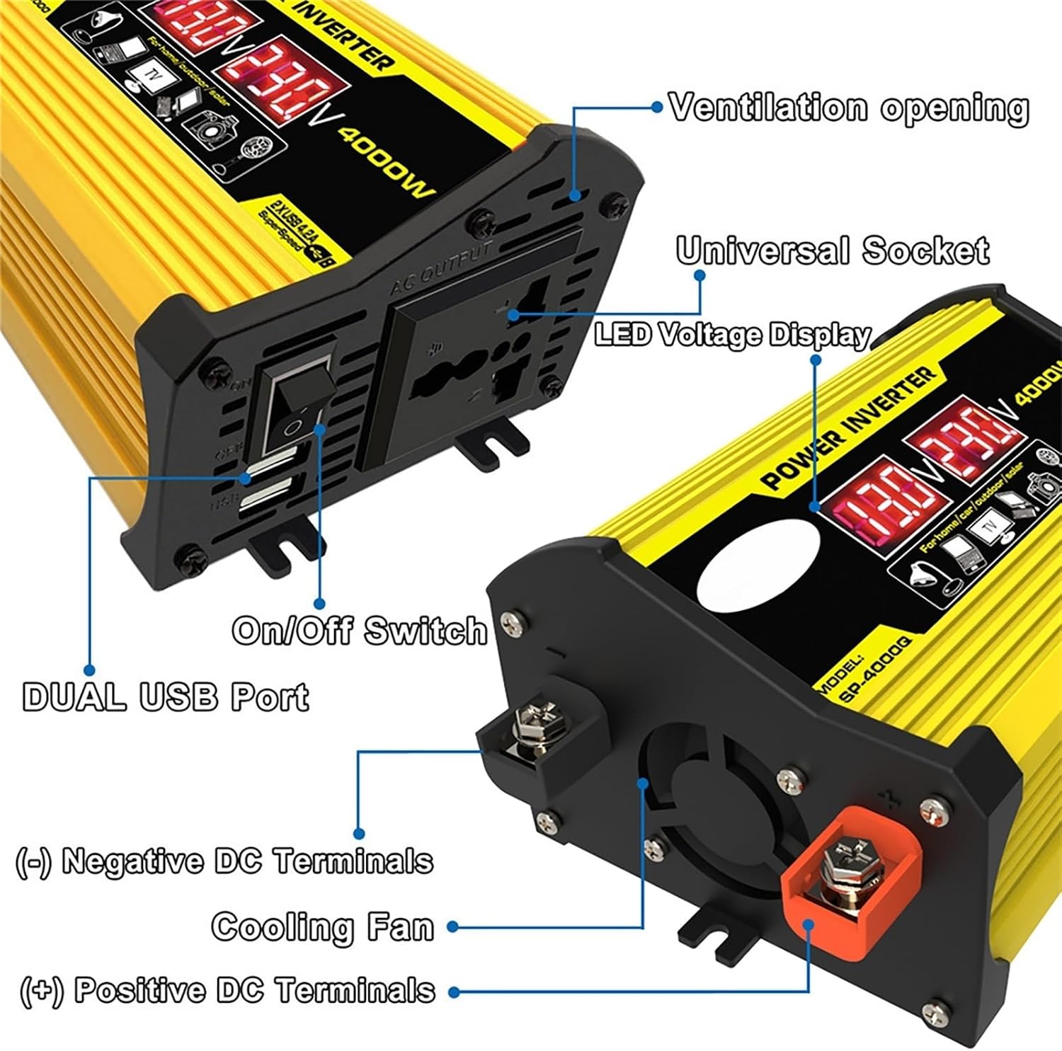 4000W Solar Power Inverter Kit - 12V to 110V/220V Converter with 30A Charge Controller & 18W 12V Solar Panel | Portable Solar Generator for Home, RV, Off-Grid Emergency Backup(Yellow,12V-220V)
