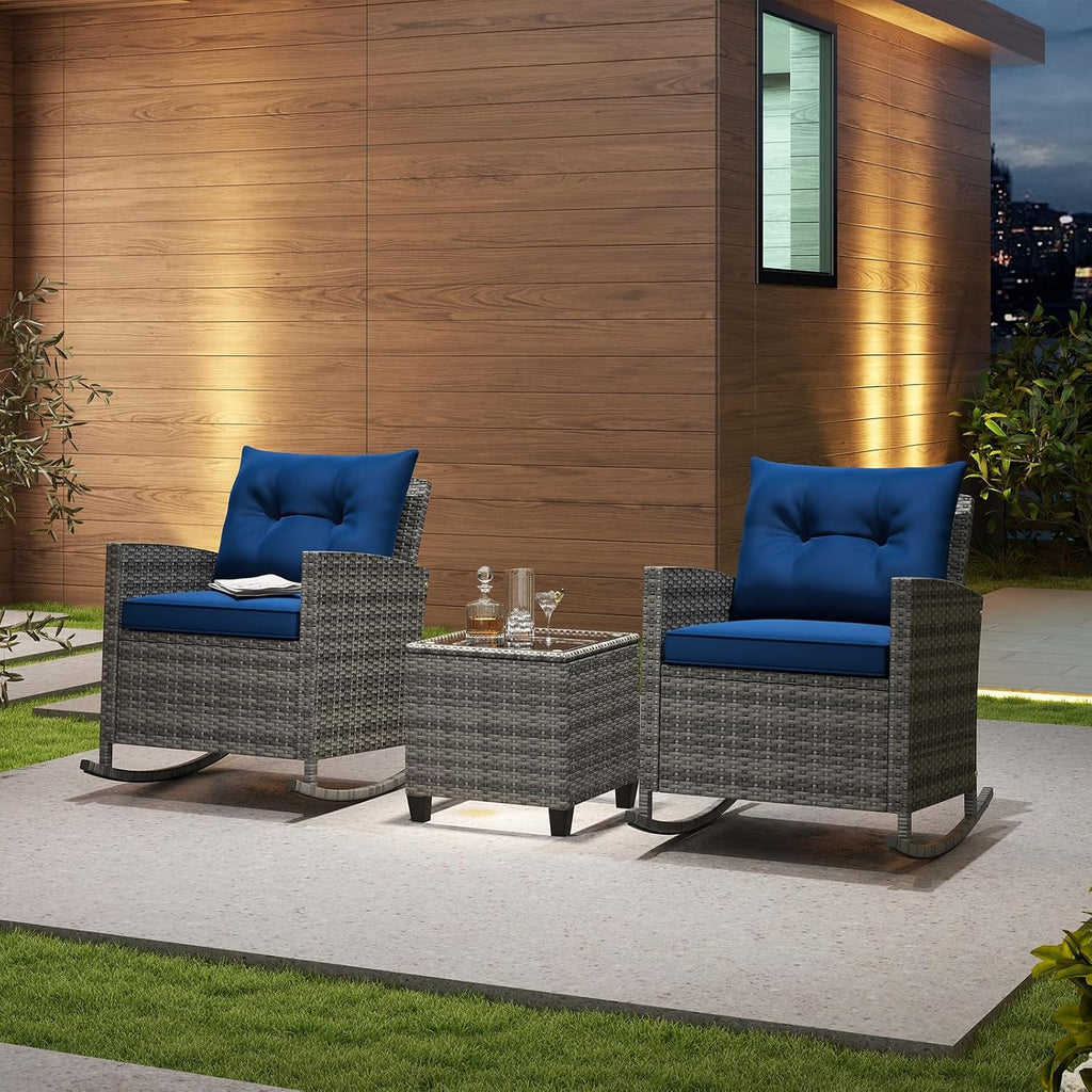 KOTEK 3 Piece Patio Furniture Rocking Bistro Set, Wicker Outdoor Rocking Chairs & Glass Table, PE Rattan Conversation Set for Porch, Balcony, Deck, Poolside (Mix Grey- Navy)