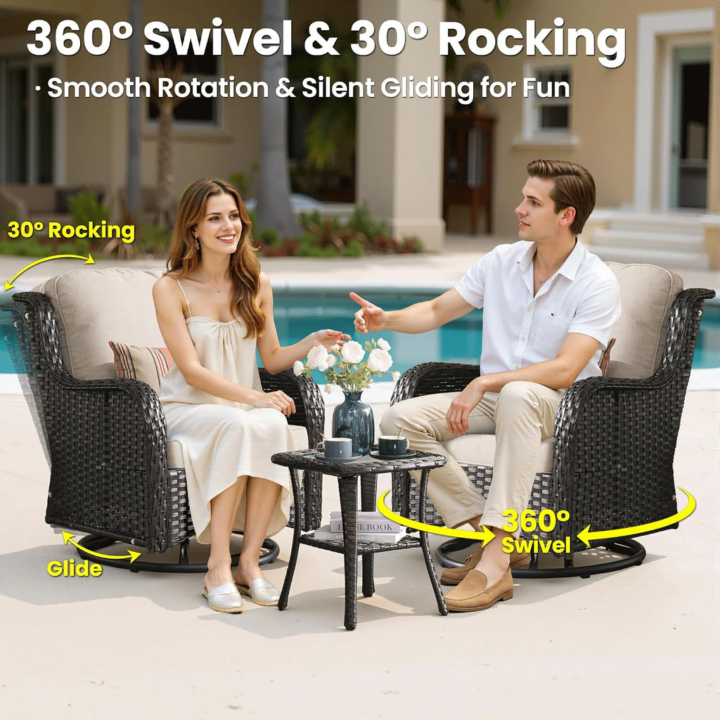ovios 7 Pieces Patio Furniture Set with Swivel Rocking Chairs, Outdoor Wicker Sofa Couch Glass Coffee Table, All Weather High Back Modern Conversation Set, Brown Rattan, Beige