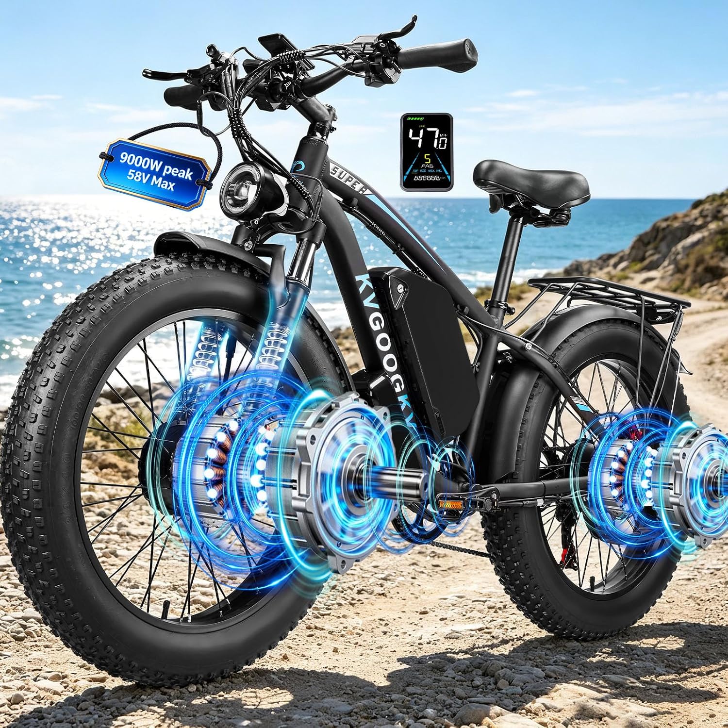 9000W Peak Electric Bike for Adults,58V Max-Output 1972Wh Dual Motor Ebike,47MPH 105 Miles Long Range,24' x4.0 Fat Tire Lockable Suspension Electric Bicycle for Off-Road Mountain Commuter