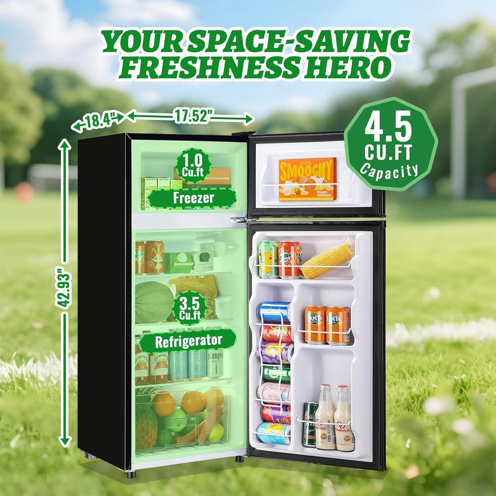 DEMULELR 4.5Cu.ft Small Mini Refrigerator with Freezer Black Two Door Mini Fridge with Crisper Drawer & Extra Drink Space, LED Light, Apartment Size Fridge for Dorm Office 17.5' W x 18.5' D x 43' H