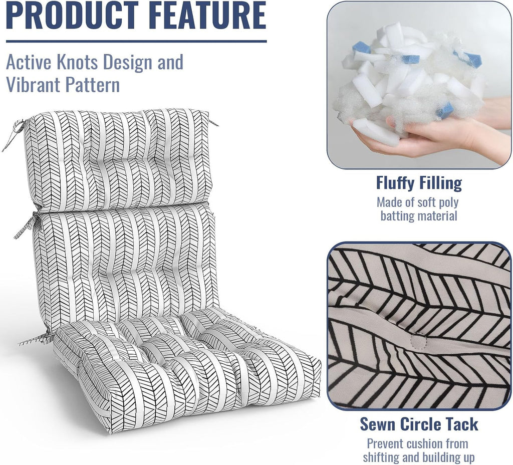 Outdoor High Back Patio Chair Cushions, Tufted Rocking Chair Cushions, Adirondack Cushions for Garden Porch Home Office Chairs Use, 44' x 22' x 4', 2 Pack, Herringbone Black White