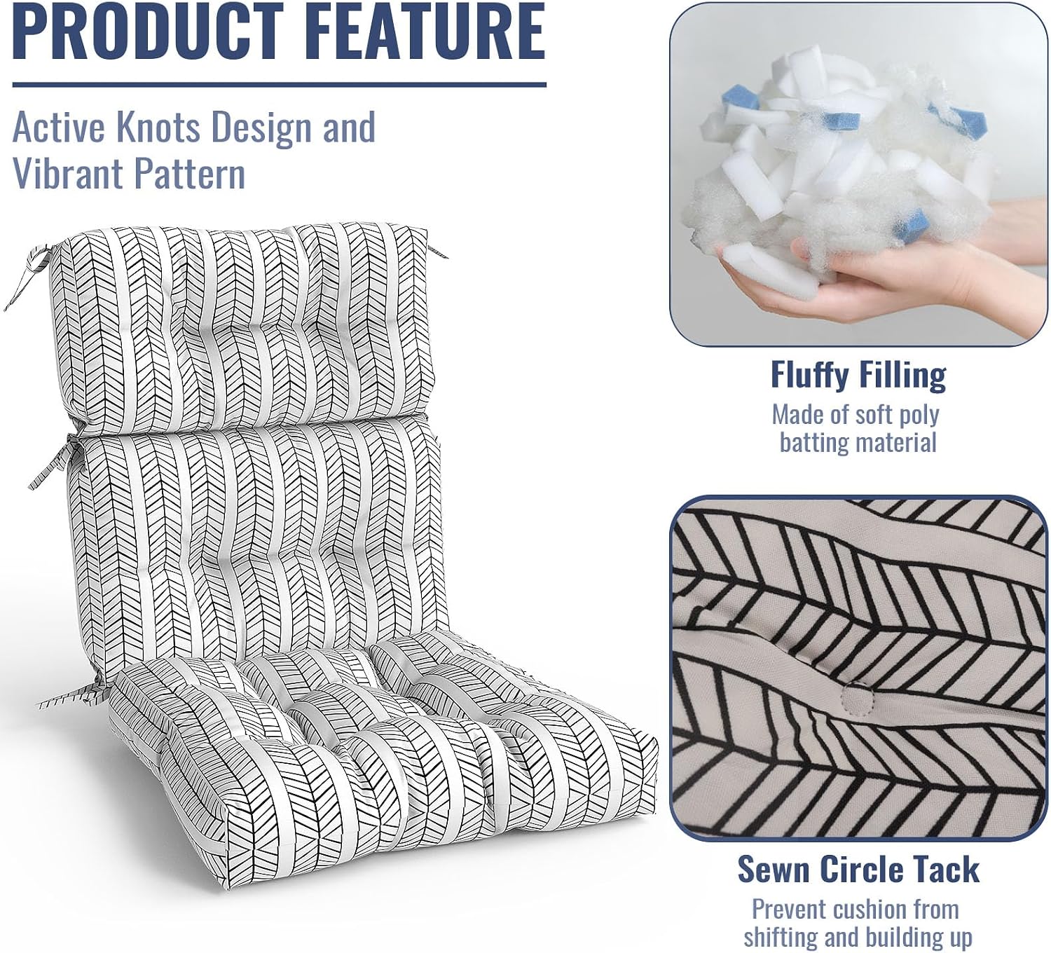 Outdoor High Back Patio Chair Cushions, Tufted Rocking Chair Cushions, Adirondack Cushions for Garden Porch Home Office Chairs Use, 44' x 22' x 4', 2 Pack, Herringbone Black White