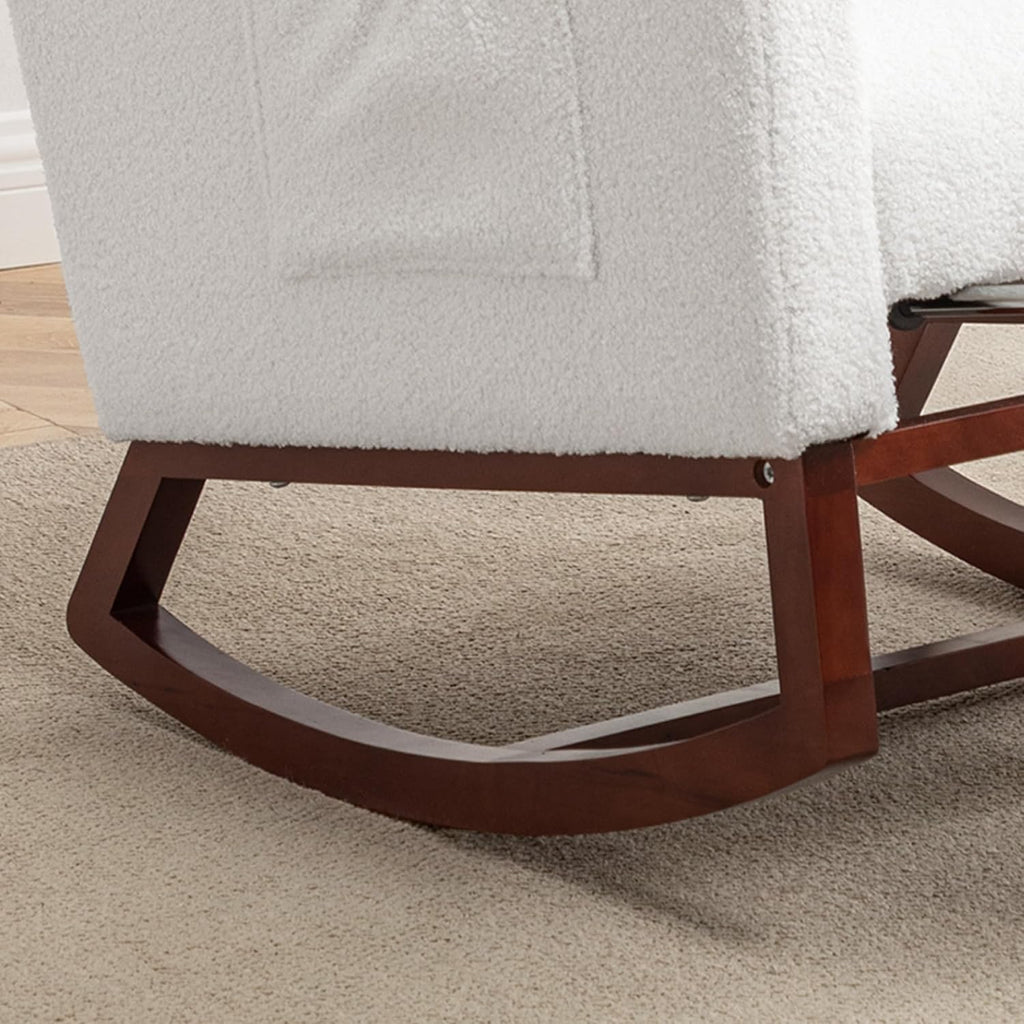 HCHAIRH Rocking Chair Nursery with Foot Rest, Wingback Nursery Rocking Chairs Sherpa Nursing Chairs Glider Rocker with Pillow for Living Room, Bedroom, Teddy White