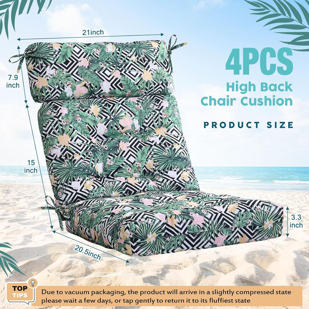 Barydat 4 Pcs Tufted High Back Chair Cushion Indoor Outdoor Seat and Back Cushions Palm Leaves Tropical Plants Lawn Rocking Chair Pads with Ties for Adirondack Patio Garden(Flower Style)