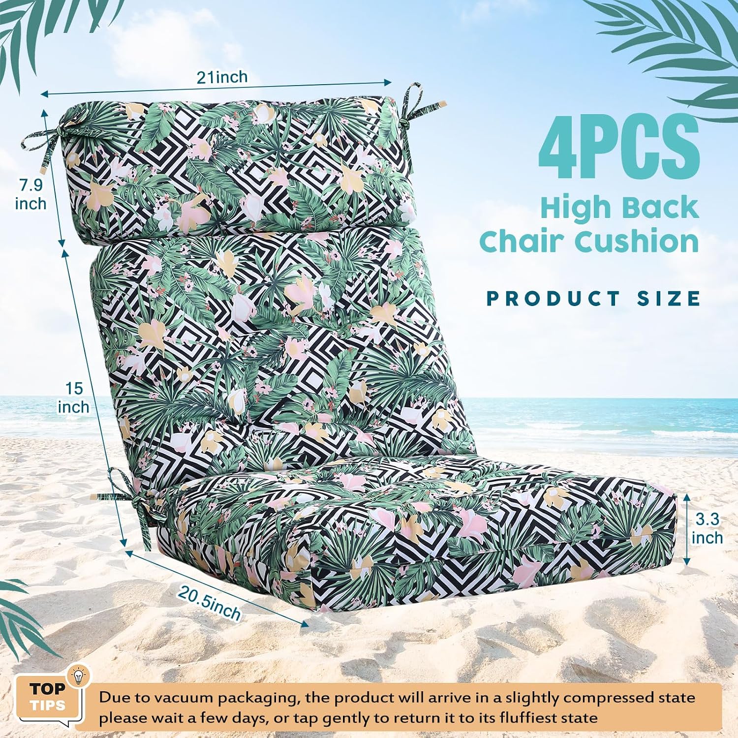 Barydat 4 Pcs Tufted High Back Chair Cushion Indoor Outdoor Seat and Back Cushions Palm Leaves Tropical Plants Lawn Rocking Chair Pads with Ties for Adirondack Patio Garden(Flower Style)