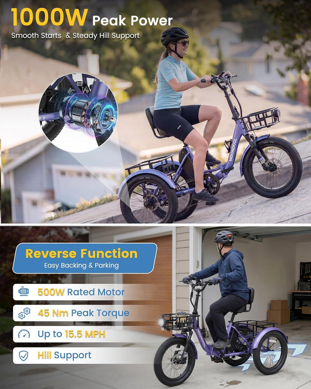 MOONCOOL Electric Trike for Adults, 500W/750W 48V Electric Tricycle for Adults, 20'x3.0' Fat Tire 3 Wheel Electric Bike, Folding Aluminum Adult Tricycle with Removable Battery