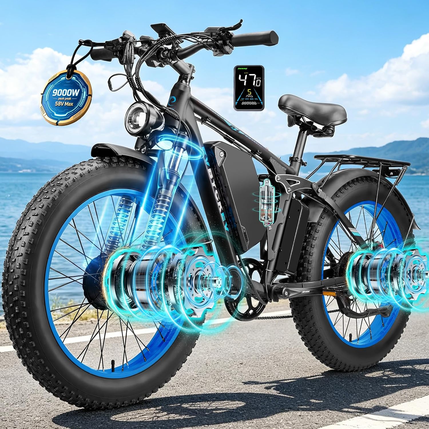 9000W Peak Electric Bike for Adults,58V Max-Output 1972Wh Dual Motor Ebike,47MPH 105Miles Range,24' x4.0 Fat Tire Hydraulic Disc Brake Full Suspension E-Bike for Mountain Snow Commuter