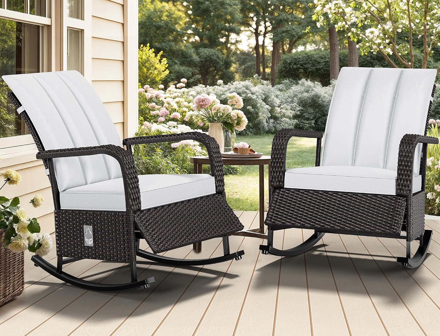 YITAHOME Outdoor Rocking Chair Set of 2, Wicker Lounge Chairs with Adjustment Backrest, PE Rattan Patio Recliner Chair with Adjustable Footrest and Soft Cushions, Ideal for Garden Backyard Porch Patio