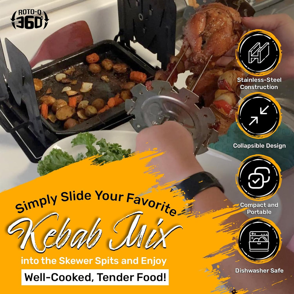 ROTO-Q 360 Non-Electric Rotisserie Kit with 10-Piece Skewer Set - Cordless Spit Roaster for Grills, Ovens, Smokers, BBQs - Indoor & Outdoor Cooking (Stainless Steel)