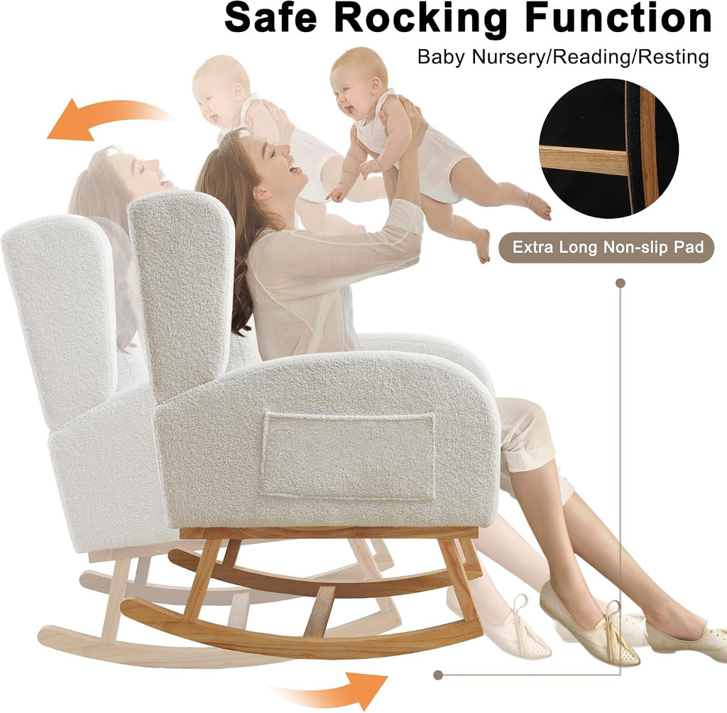 HCHAIRH Nursery Rocking Chair,Wingback Nursery Rocking Chairs,Nursing Glider Rocker Chair with High Back for Living Room Bedroom(Teddy White)